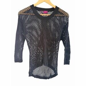 Say What? Sweater Tunic Womens Size S Black Crew Neck 3/4 Sleeve Hi-Low